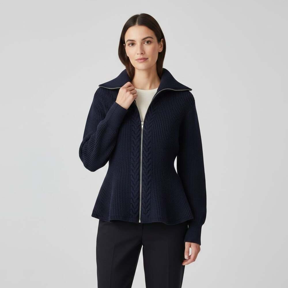 Ann Taylor Weekend Full Zip Cable Knit Peplum Sweater Dark Navy M NWT